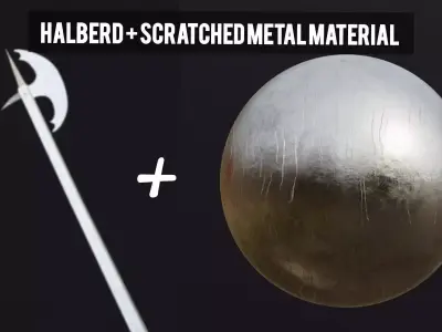 poleaxe halberd with procedural Scratched metal material Low-poly 3D model