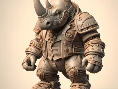 Steampunk Warrior Rhino STL File - 3D Printed Mecha Figure  3D print model