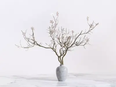 Twig with flowers and a bird in ceramic vase 3D model