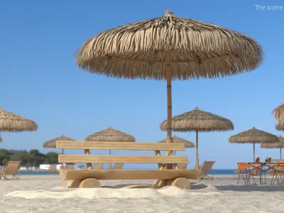 Wooden Bench under Straw Umbrella on Sand 3D model