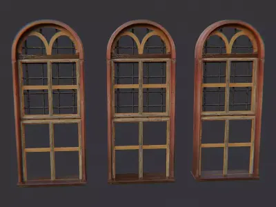Wooden Arch Window Trio Ornate Frames Low-poly 3D model