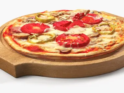 Round Serving Board with Pizza 3D model