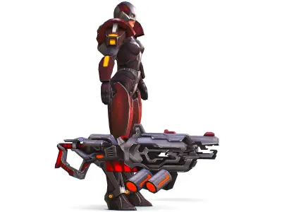 Woman Cyborg Machine Gun Rifle and Pistol Low-poly 3D model