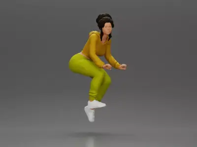 Sporty girl riding a red bike in bright yellow tracksuit 3D print model