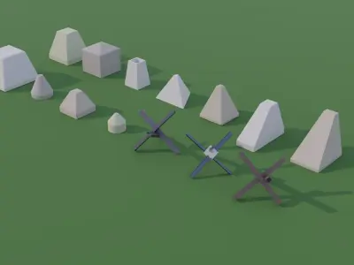Anti Tank Obstacles - Concrete Blocks Czech Hedgehogs Barriers Low-poly 3D model