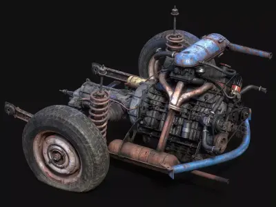 Old car engine Low-poly 3D model
