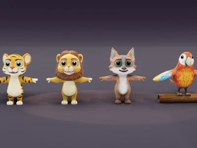 Tiger Lion Grey Fox Ara Parrot Pack 3D Model Low-poly 3D model