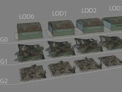 Airport Hangar SmallHangar 01 closed open with damage Low-poly 3D model