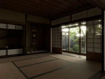 Japanese Old Traditional House Living Room with Courtyard 3D model