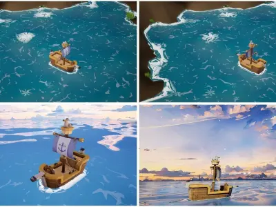 Stylized sailing ship with seagull low poly game ready 3D model Low-poly 3D model