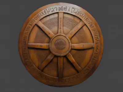 Wooden dwarven round runic shield Free low-poly 3D model
