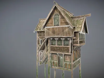 Medieval Lake Village - House 5 with interiors Low-poly 3D model