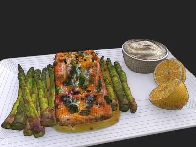 Greek Marinated Salmon Steak with Asparagus Low Low-poly 3D model