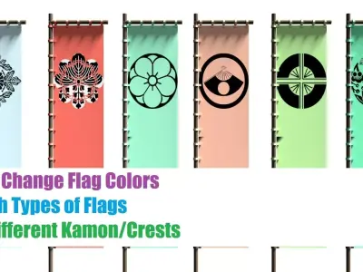 Japanese Battle Flags Pack 2 Styles over 400 Crests HQ War Low-poly 3D model