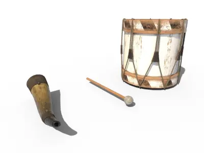 Historic war drum and signal horn Low-poly 3D model