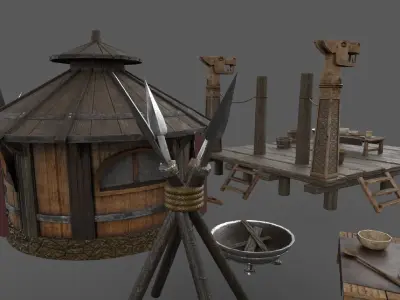 Historic Viking house with courtyard PBR low-poly 3D model Low-poly 3D model