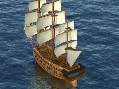 Battleship wooden sailing ship floating in ocean 3D model