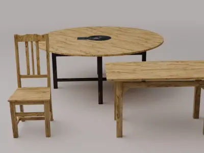 Wooden Round Table and Chair Dining Room Furniture 3D model