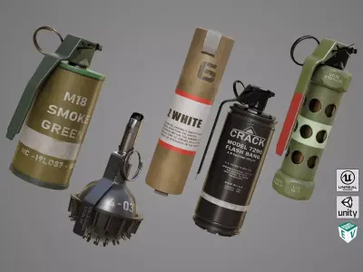 Smoke and Flash Grenades Single Mat All PBR Unity UE Textures Low-poly 3D model