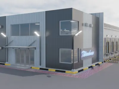 Warehause commercial building in middle of street 3D model