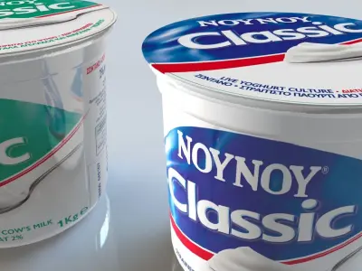 Yogurts pack and spoon 3D model 3D model