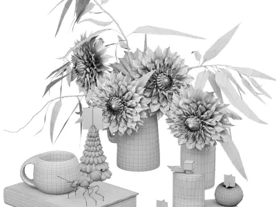 Garden Dahlia bouquet flowers vase decor set  3D model