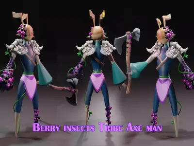Low Poly rigged Fantasy Berry insects Tribe Axe Viking Low-poly 3D model