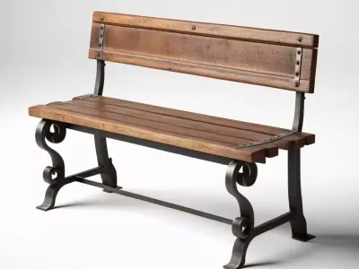 Worn Wooden Bench with Iron Legs 3D model