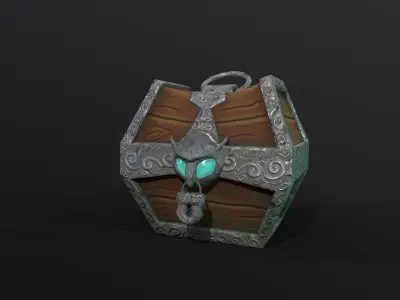 Stylized fantasy wooden treasure chest with owl padlock PBR Low-poly 3D model