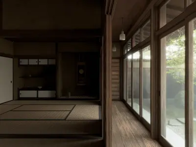 Japanese Old Traditional House Living Room with Courtyard 3D model