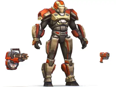 Cartoon Sci-Fi Cyborg Drone Heavy Machine Gunner Low-poly 3D model