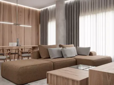 Interior B modern living room with wooden walls Free 3D model