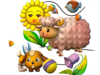Cartoon 3D illustration Dog Sheep Sunflower Bird 3D model