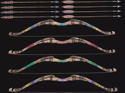 Medieval Wooden Bow Weapon Set Low-poly 3D model