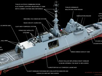 FREMM Aquitaine Class Frigate PBR Low-poly 3D model