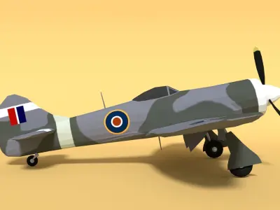 Low Poly Cartoon Hawker Tempest MKII Airplane Low-poly 3D model