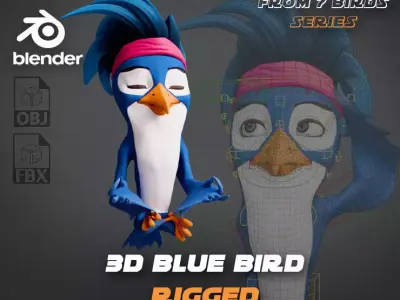 3D Blue - king fisher - Rigged Cartoon Bird Low-poly 3D model