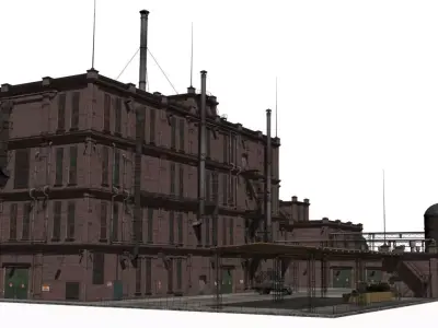 Factory brick building with pipes Low-poly 3D model