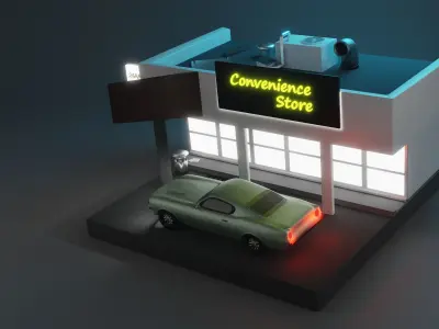 Isometric convenience store with car Low-poly 3D model