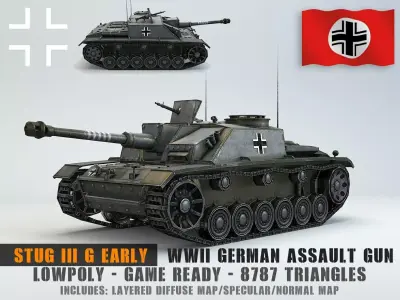 Low Poly Stug III Ausf G Early assault gun Low-poly 3D model
