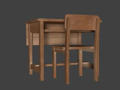 Old wooden school table and chair Free low-poly 3D model