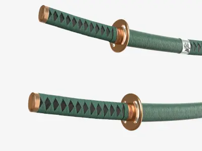 Green Double Bladed Katana Wakizashi and Stand 3D model