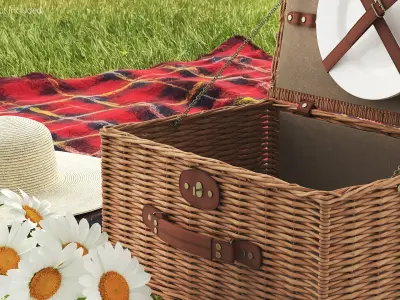 Willow Picnic Basket with Ceramic Plate Open Brown 3D model