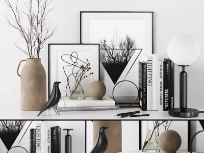 Decorative set bookshelf with bird figurines 3D model