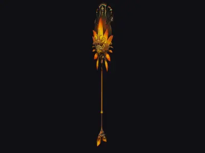 Magical Staff Magic Stick Wand Golden Flower Plumage Props Low-poly 3D model
