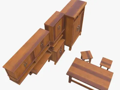 furniture set of wooden 3D model