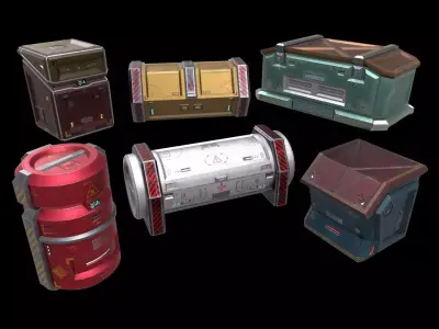 6 Models Scifi Crate Pack Openable Door Low-poly 3D model