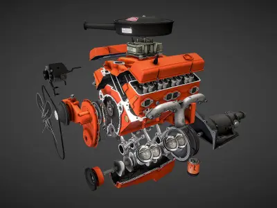 Disassembled V8 Small Block engine Low-poly 3D model