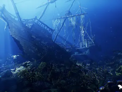 Underwater Sunken Ship Environment Low-poly 3D model