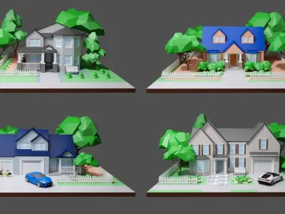 Cartoon private  houses Low-poly 3D model